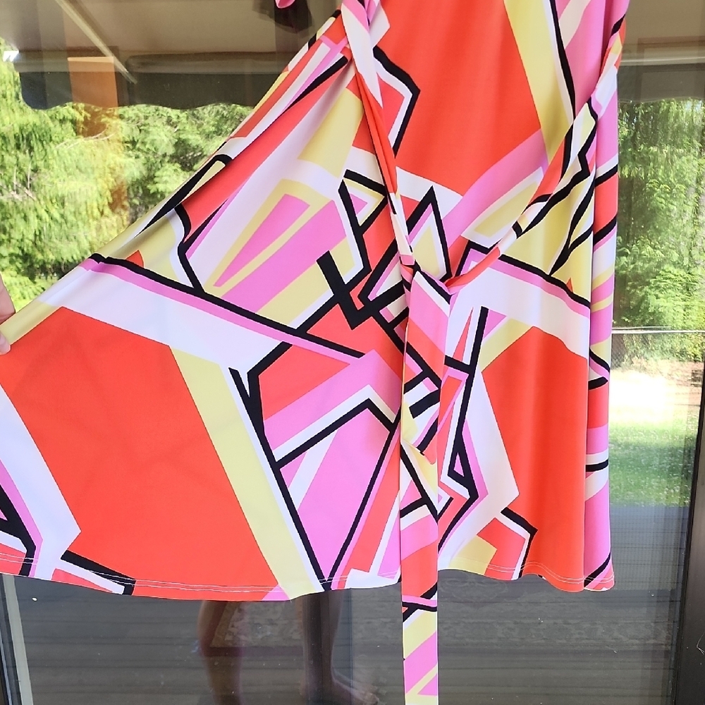 Leota New York Handmade Vibrant Geometric Faux Wrap Dress with A Waist Tie - Picture 3 of 6